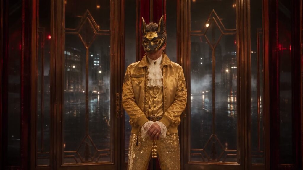 Freddy in goldenem Anzug mit Maske und geflügeltem Kopfschmuck