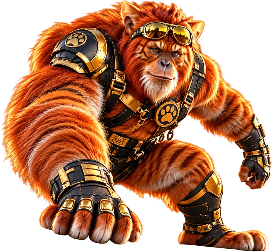 Urang Uta Claus, ein rot getigerter Urang-Utan in schwarz-goldener Rüstung mit Pilotenbrille, in Kampfhaltung